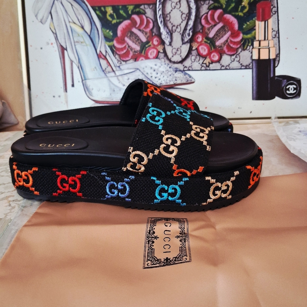 Gucci Angelina Multicolor Embroidered Platform Sandals Size EU44/11 - Picture 2 of 12